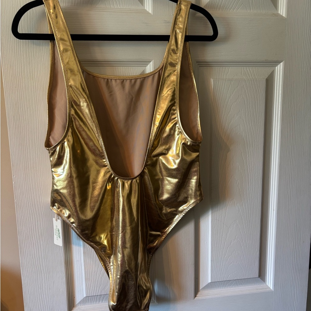 aerie women’s Metallic Gold One-Piece Swimsuit/Bodysuit. - Picture 2 of 3